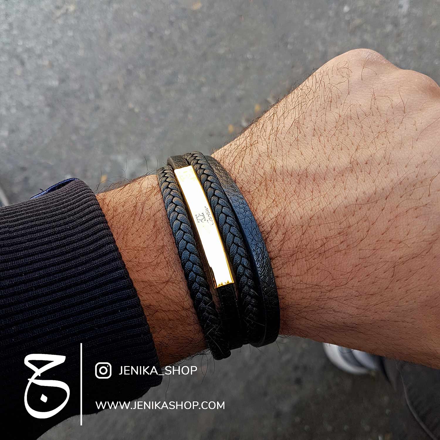 دستبند چرم مردانه طرح کارتیه طلایی