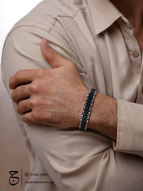 دستبند استیل مردانه رولکس نقره ای مشکی
