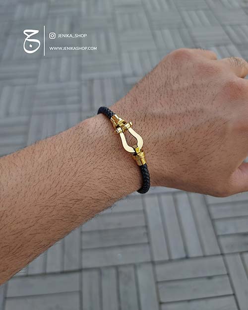 دستبند چرم مردانه طلایی fred