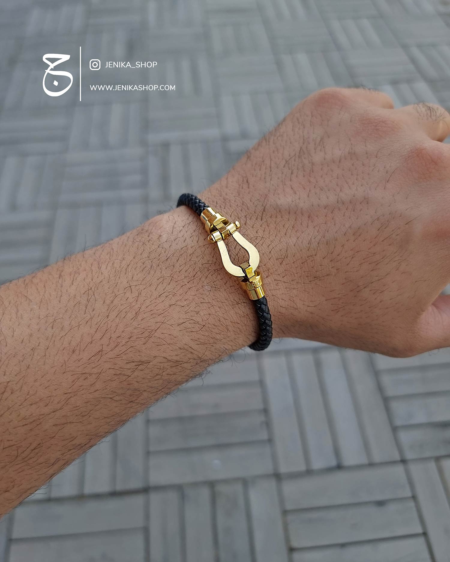 دستبند چرم مردانه طلایی fred