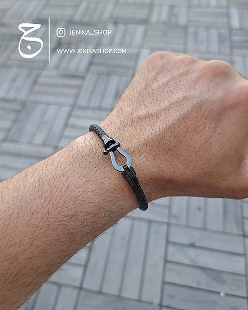 دستبند چرم مردانه مشکی fred