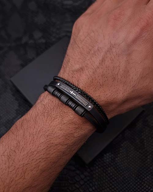دستبند مردانه چرم و استیل