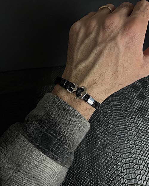 دستبند مردانه کنفی لنگر مشکی 