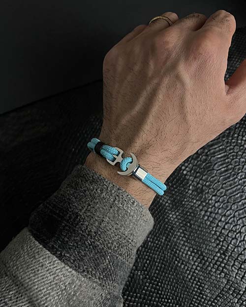 دستبند مردانه کنفی لنگر آبی روشن